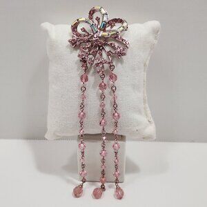 Unusual Vintage Pale Pink Rhinestone Bow/Flower Brooch W/3 Long Dangling Chains